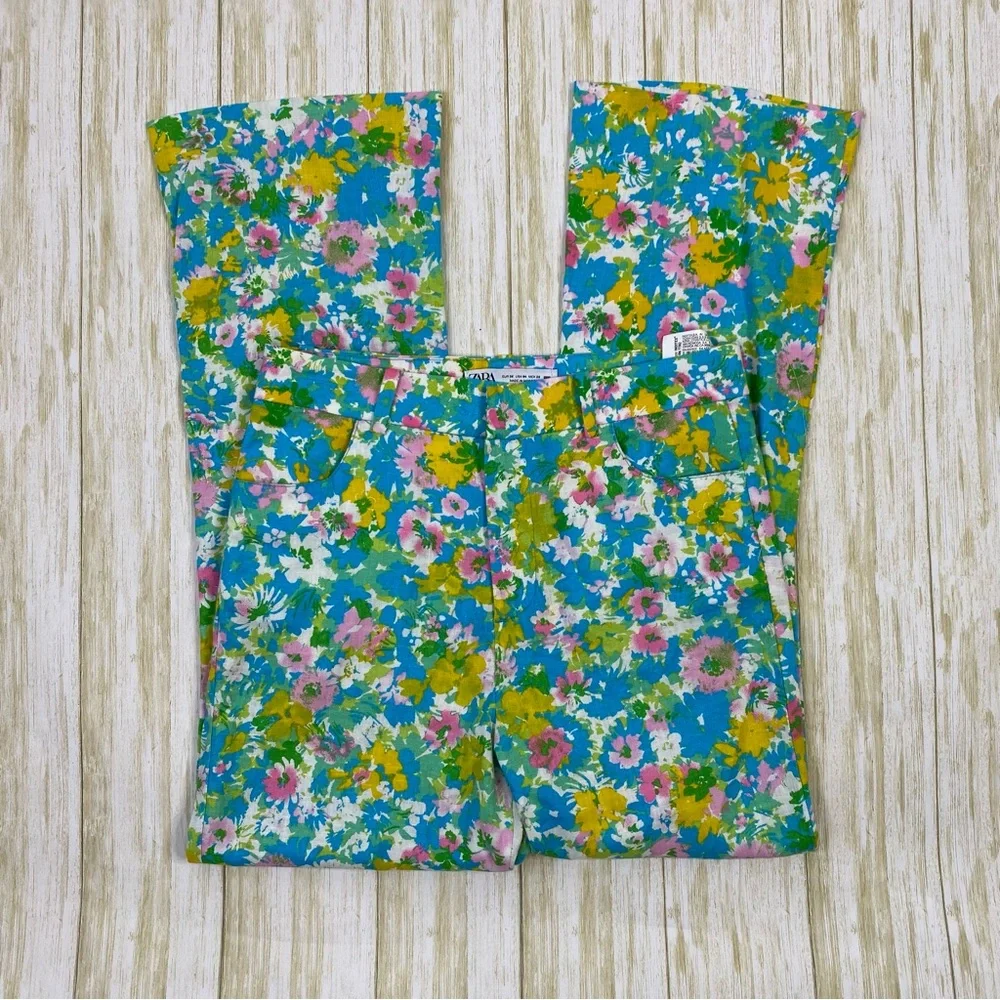 Zara Multicolor Floral Linen Blend Mini Flare Trouser Pants